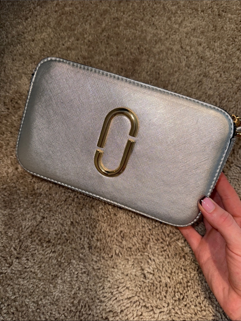 Marc Jacobs inspired bag Metallic Silver Zip Phone Crossbody with Gold Logo
